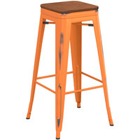 Lancaster Table & Seating Alloy Series Distressed Orange Stackable Metal Indoor Industrial Barstool with Walnut Wood Seat
