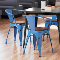 Lancaster Table & Seating Alloy Series Distressed Blue Metal Indoor Industrial Cafe Arm Chair with Vertical Slat Back and Walnut Wood Seat