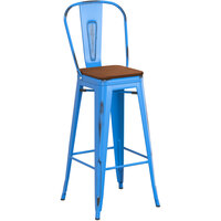 Lancaster Table & Seating Alloy Series Distressed Blue Metal Indoor Industrial Cafe Bar Height Stool with Vertical Slat Back and Walnut Wood Seat