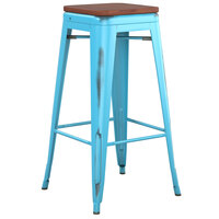 Lancaster Table & Seating Alloy Series Distressed Arctic Blue Stackable Metal Indoor Industrial Barstool with Walnut Wood Seat