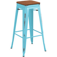 Lancaster Table & Seating Alloy Series Distressed Arctic Blue Stackable Metal Indoor Industrial Barstool with Walnut Wood Seat
