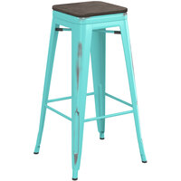 Lancaster Table & Seating Alloy Series Distressed Seafoam Stackable Metal Indoor Industrial Barstool with Black Wood Seat