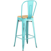 Lancaster Table & Seating Alloy Series Distressed Seafoam Metal Indoor Industrial Cafe Bar Height Stool with Vertical Slat Back and Natural Wood Seat