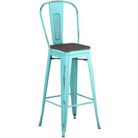 Lancaster Table & Seating Alloy Series Distressed Seafoam Metal Indoor Industrial Cafe Bar Height Stool with Vertical Slat Back and Black Wood Seat