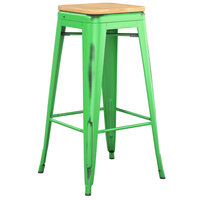Lancaster Table & Seating Alloy Series Distressed Green Stackable Metal Indoor Industrial Barstool with Natural Wood Seat