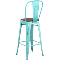 Lancaster Table & Seating Alloy Series Distressed Seafoam Metal Indoor Industrial Cafe Bar Height Stool with Vertical Slat Back and Walnut Wood Seat