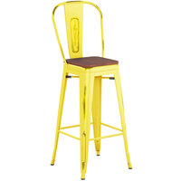 Lancaster Table & Seating Alloy Series Distressed Yellow Metal Indoor Industrial Cafe Bar Height Stool with Vertical Slat Back and Walnut Wood Seat