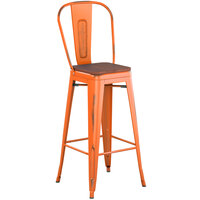Lancaster Table & Seating Alloy Series Distressed Orange Metal Indoor Industrial Cafe Bar Height Stool with Vertical Slat Back and Walnut Wood Seat