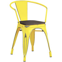 Lancaster Table & Seating Alloy Series Distressed Yellow Metal Indoor Industrial Cafe Arm Chair with Vertical Slat Back and Black Wood Seat