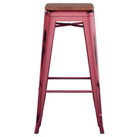 Lancaster Table & Seating Alloy Series Distressed Sangria Stackable Metal Indoor Industrial Barstool with Walnut Wood Seat
