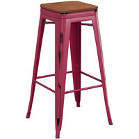 Lancaster Table & Seating Alloy Series Distressed Sangria Stackable Metal Indoor Industrial Barstool with Walnut Wood Seat