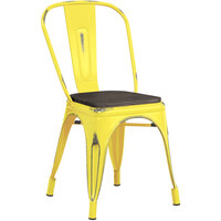Lancaster Table & Seating Alloy Series Distressed Yellow Metal Indoor Industrial Cafe Chair with Vertical Slat Back and Black Wood Seat