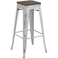 Lancaster Table & Seating Alloy Series Distressed Silver Stackable Metal Indoor Industrial Barstool with Black Wood Seat