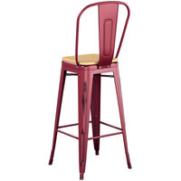 Lancaster Table & Seating Alloy Series Distressed Sangria Metal Indoor Industrial Cafe Bar Height Stool with Vertical Slat Back and Natural Wood Seat