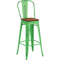 Lancaster Table & Seating Alloy Series Distressed Green Metal Indoor Industrial Cafe Bar Height Stool with Vertical Slat Back and Walnut Wood Seat