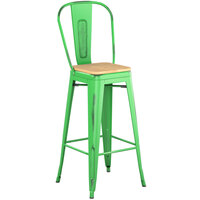 Lancaster Table & Seating Alloy Series Distressed Green Metal Indoor Industrial Cafe Bar Height Stool with Vertical Slat Back and Natural Wood Seat
