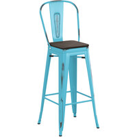 Lancaster Table & Seating Alloy Series Distressed Arctic Blue Metal Indoor Industrial Cafe Bar Height Stool with Vertical Slat Back and Black Wood Seat