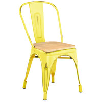 Lancaster Table & Seating Alloy Series Distressed Yellow Metal Indoor Industrial Cafe Chair with Vertical Slat Back and Natural Wood Seat