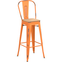 Lancaster Table & Seating Alloy Series Distressed Orange Metal Indoor Industrial Cafe Bar Height Stool with Vertical Slat Back and Natural Wood Seat