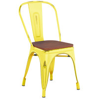 Lancaster Table & Seating Alloy Series Distressed Yellow Metal Indoor Industrial Cafe Chair with Vertical Slat Back and Walnut Wood Seat