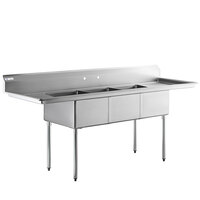 Steelton 90" 18-Gauge Stainless Steel Three Compartment Commercial Sink with 2 Drainboards - 18" x 24" x 12" Bowls