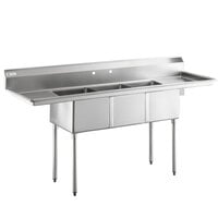 Steelton 84 inch 18-Gauge Stainless Steel Three Compartment Commercial Sink with 2 Drainboards - 16 inch x 20 inch x 12 inch Bowls