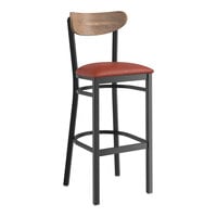 Lancaster Table & Seating Boomerang Series Black Finish Bar Stool with Burgundy Vinyl Seat and Vintage Wood Back