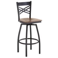 Lancaster Table & Seating Cross Back Bar Height Black Swivel Chair with Vintage Wood Seat