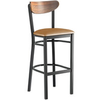 Lancaster Table & Seating Boomerang Bar Height Black Chair with Light Brown Vinyl Seat and Vintage Wood Back