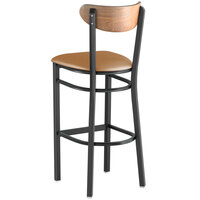 Lancaster Table & Seating Boomerang Bar Height Black Chair with Light Brown Vinyl Seat and Vintage Wood Back