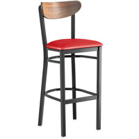 Lancaster Table & Seating Boomerang Bar Height Black Chair with Red Vinyl Seat and Vintage Wood Back