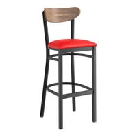 Lancaster Table & Seating Boomerang Series Black Finish Bar Stool with Red Vinyl Seat and Vintage Wood Back