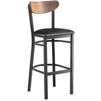 Lancaster Table & Seating Boomerang Bar Height Black Chair with Black Vinyl Seat and Vintage Wood Back