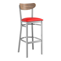 Lancaster Table & Seating Boomerang Series Clear Coat Finish Bar Stool with Red Vinyl Seat and Vintage Wood Back