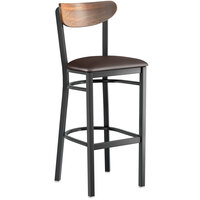Lancaster Table & Seating Boomerang Bar Height Black Chair with Dark Brown Vinyl Seat and Vintage Wood Back