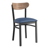 Lancaster Table & Seating Boomerang Series Black Finish Chair with Navy Vinyl Seat and Vintage Wood Back