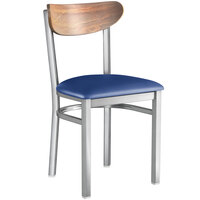 Lancaster Table & Seating Boomerang Clear Coat Chair with Navy Vinyl Seat and Vintage Wood Back