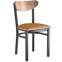 Lancaster Table & Seating Boomerang Black Finish Chair with 2 1/2" Light Brown Vinyl Padded Seat and Vintage Wood Back