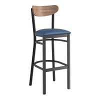 Lancaster Table & Seating Boomerang Series Black Finish Bar Stool with Navy Vinyl Seat and Vintage Wood Back