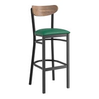 Lancaster Table & Seating Boomerang Series Black Finish Bar Stool with Green Vinyl Seat and Vintage Wood Back