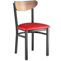 Lancaster Table & Seating Boomerang Black Finish Chair with 2 1/2" Red Vinyl Padded Seat and Vintage Wood Back