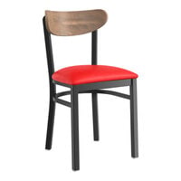 Lancaster Table & Seating Boomerang Series Black Finish Chair with Red Vinyl Seat and Vintage Wood Back