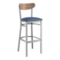 Lancaster Table & Seating Boomerang Series Clear Coat Finish Bar Stool with Navy Vinyl Seat and Vintage Wood Back
