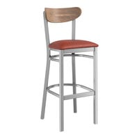 Lancaster Table & Seating Boomerang Series Clear Coat Finish Bar Stool with Burgundy Vinyl Seat and Vintage Wood Back