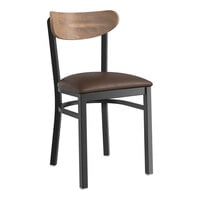 Lancaster Table & Seating Boomerang Series Black Finish Chair with Dark Brown Vinyl Seat and Vintage Wood Back