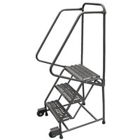 Ballymore H326TR Tilt & Roll 3-Step Gray Steel Rolling Safety Ladder with Handrail, 24 inch Wide Steps, 10 inch Deep Top Step, and 4 inch Casters