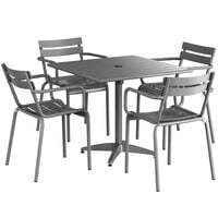 Lancaster Table & Seating 36 inch x 36 inch Matte Gray Powder-Coated Aluminum Dining Height Outdoor Table with Umbrella Hole and 4 Arm Chairs