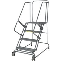 Ballymore FSTR418 Tilt & Roll 4-Step Gray Steel Rolling Safety Ladder with 16 inch Wide Steps, 14 inch Deep Top Step, and 4 inch Casters