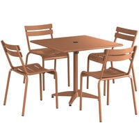 Lancaster Table & Seating 36" x 36" Brown Powder-Coated Aluminum Dining Height Outdoor Table with Umbrella Hole and 4 Side Chairs