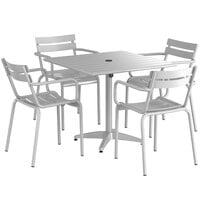 Lancaster Table & Seating 36 inch x 36 inch Silver Powder-Coated Aluminum Dining Height Outdoor Table with Umbrella Hole and 4 Arm Chairs